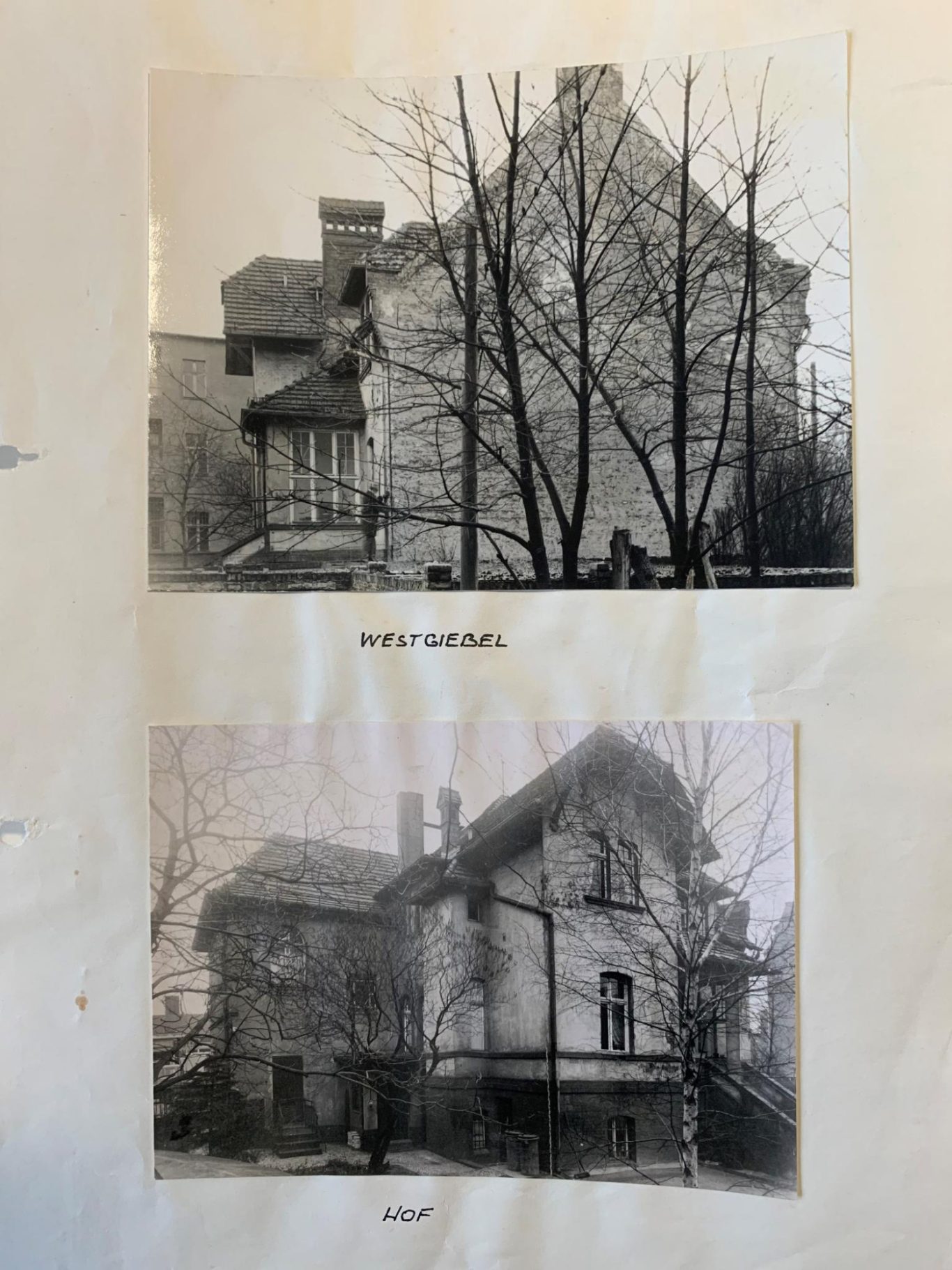 Zwei Schwarz-Weiß-Fotos von Gebäuden, umgeben von Bäumen.